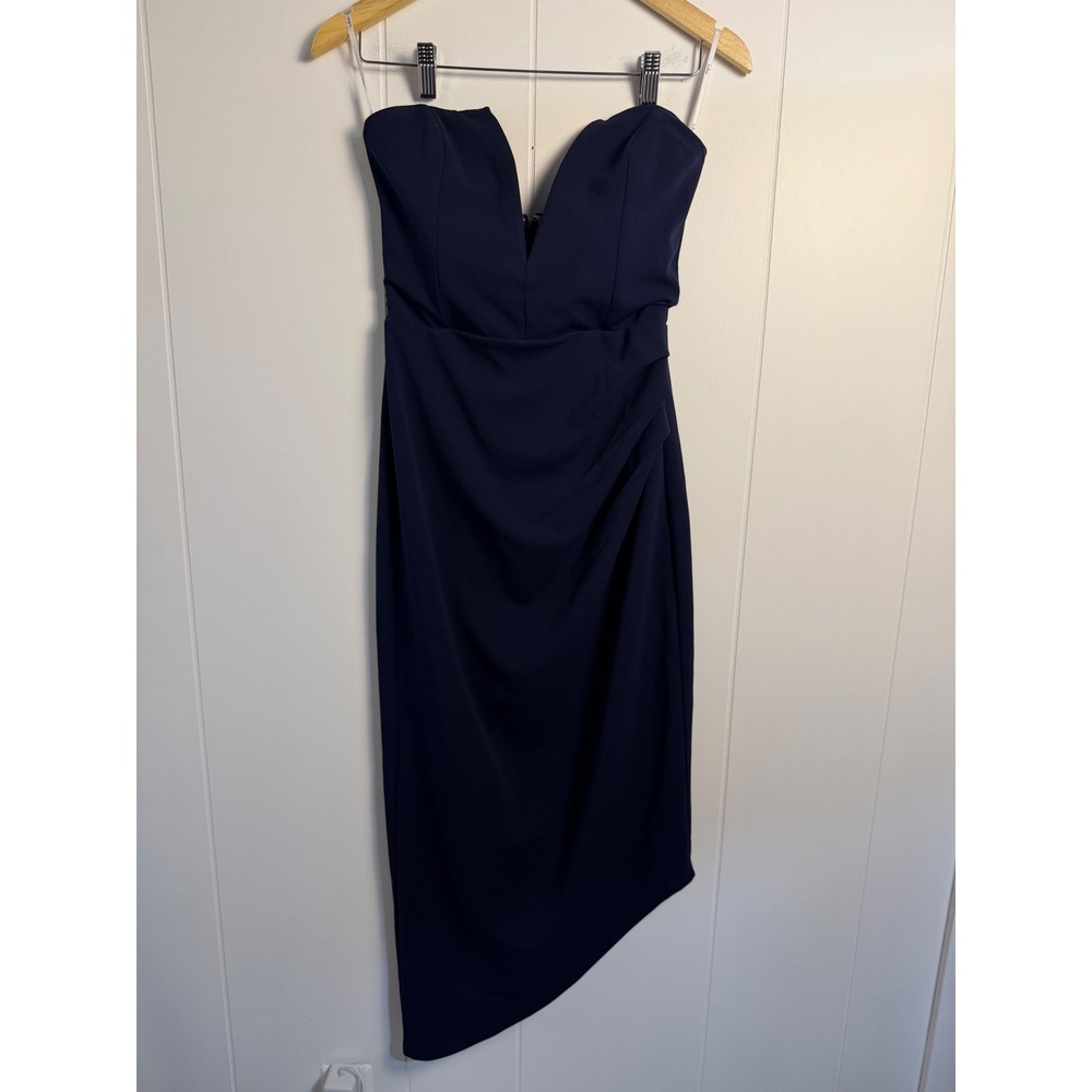 Lulus Midi Dress M Navy Blue Strapless Ruched Asymmetrical Deep V